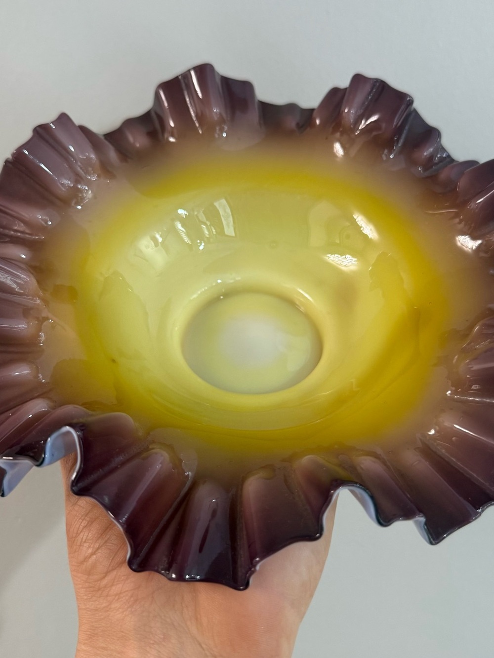 Vintage Victorian Brides Bowl Decorative Ruffled Art Glass Dish Yellow Purple